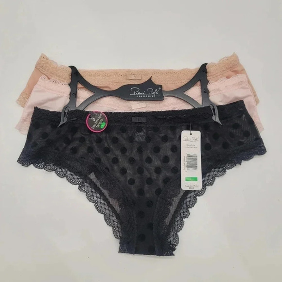 Rene Rofe Lingerie 3-Pack Sz L Tangas Sexy Cheeky Lace Floral Designs Pink Black - Picture 1 of 8